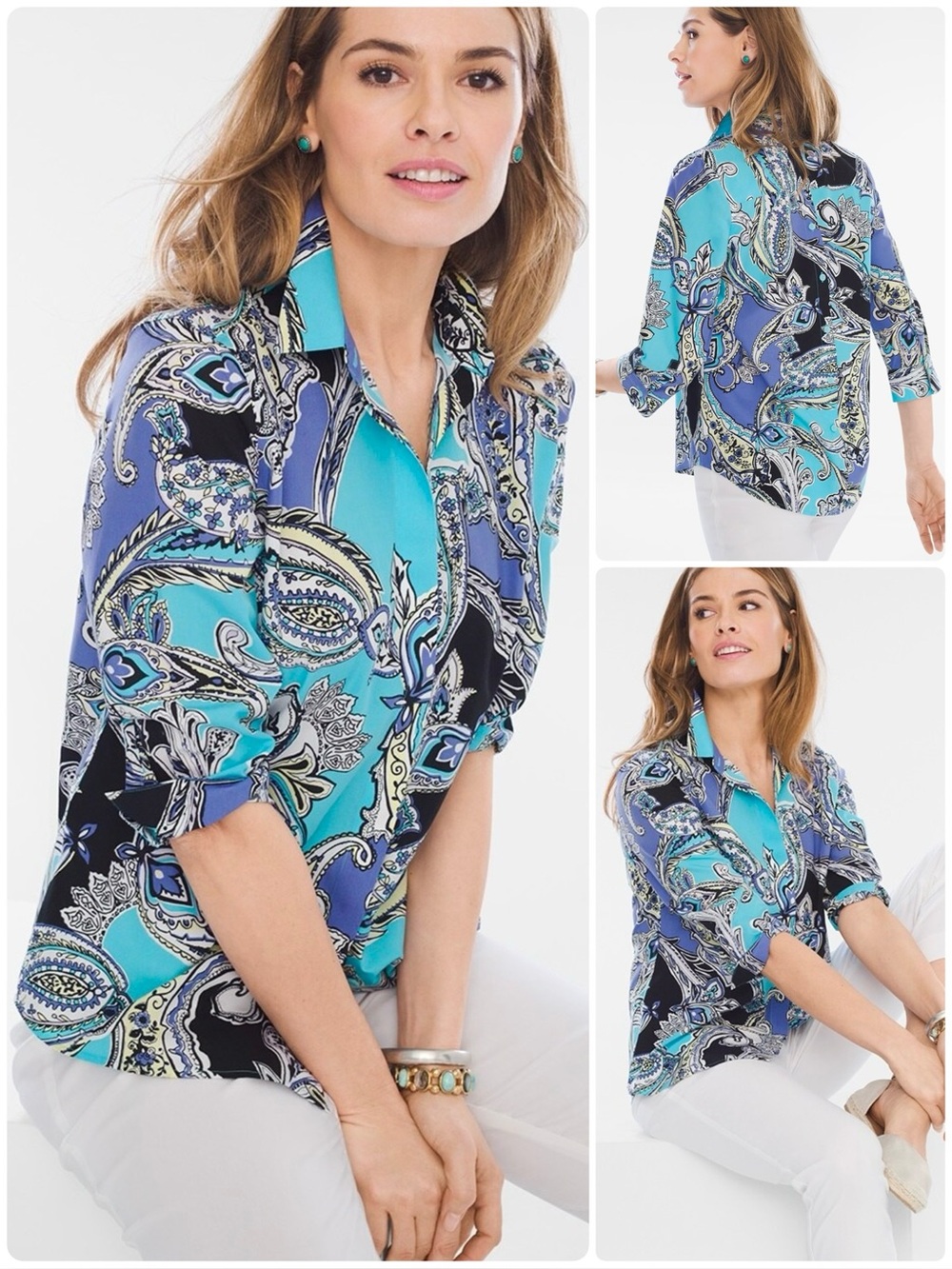 Chico’s Shirt Cotton No-Iron Maritime Paisley Button-Back Detailing 3/4 Sleeves